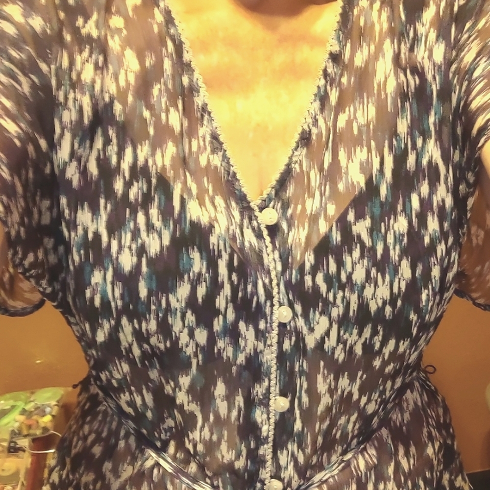 Converse One Star sheer print blouse. Colors are teal, cream, purple, black.